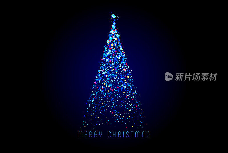Merry Christmas greeting card. Magic Christmas tree made from blue lights on dark background